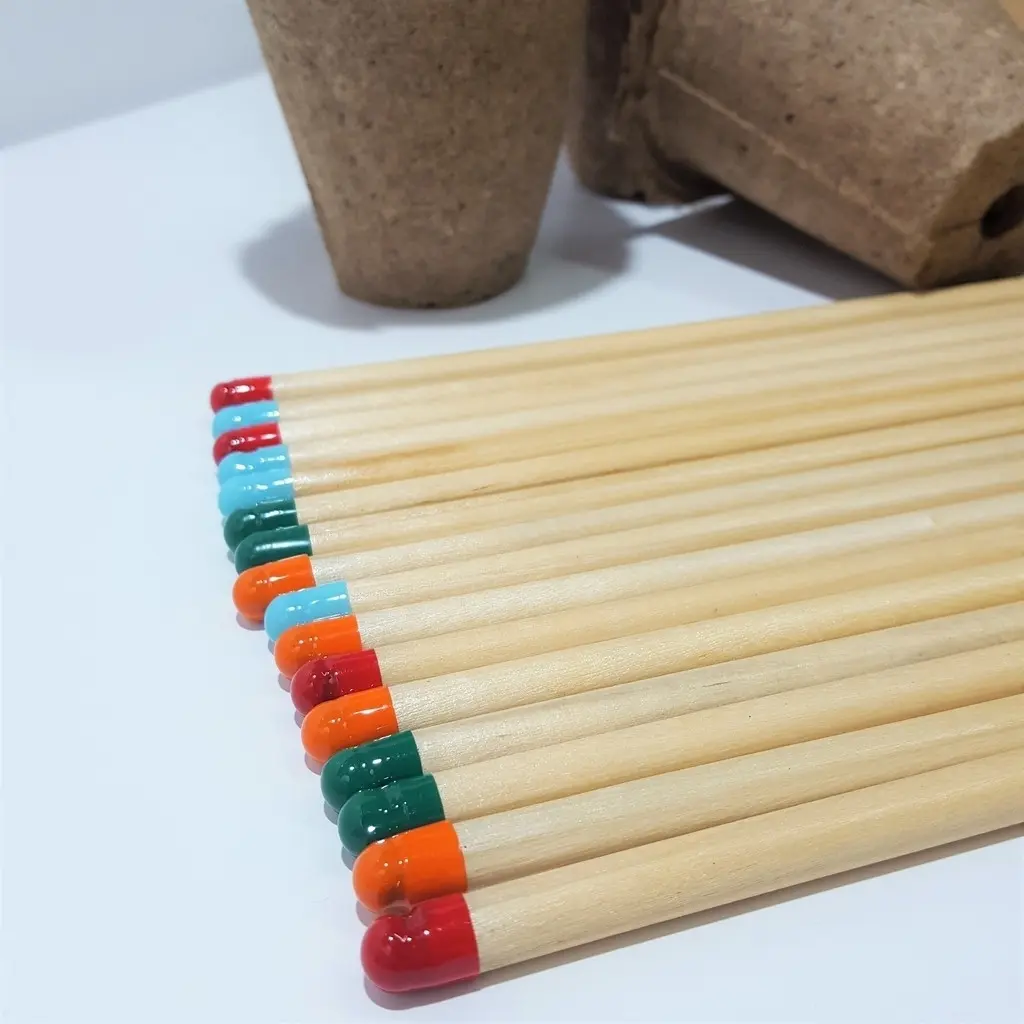 Lápices plantables de madera con cápsulas de colores rojo, azul, verde y naranja, alineados sobre fondo blanco con macetas de cartón al fondo.