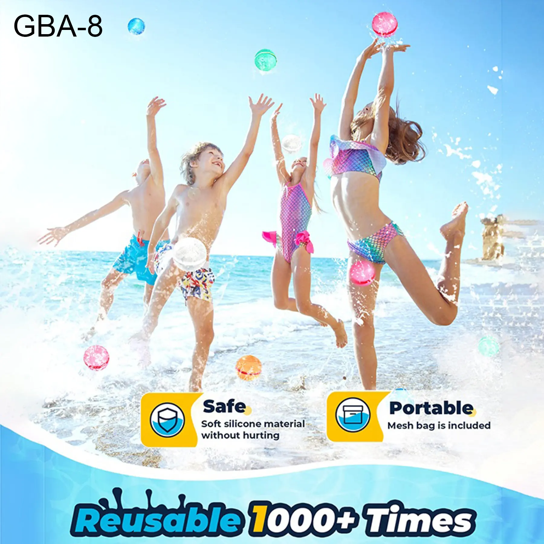 Niños felices saltando en la playa lanzando globos de agua recargables de silicona multicolor bajo un cielo despejado.