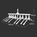 Percha organizadora blanca 8 en 1 con dimensiones de 525mm de ancho, 420mm de fondo y 290mm de alto para optimizar espacio en el armario.