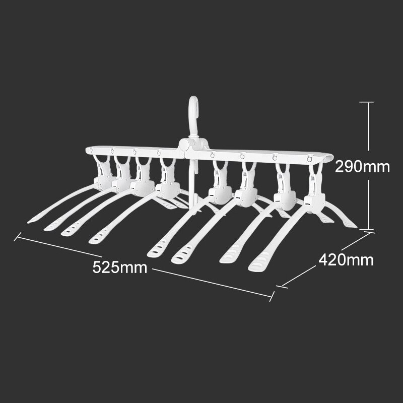 Percha organizadora blanca 8 en 1 con dimensiones de 525mm de ancho, 420mm de fondo y 290mm de alto para optimizar espacio en el armario.