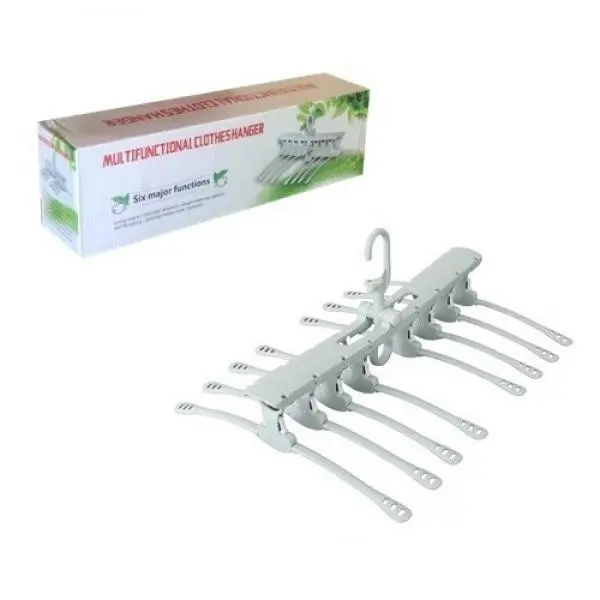 Percha organizadora plegable 8 en 1 gris claro de plástico con múltiples brazos desplegables y caja de empaque superior.