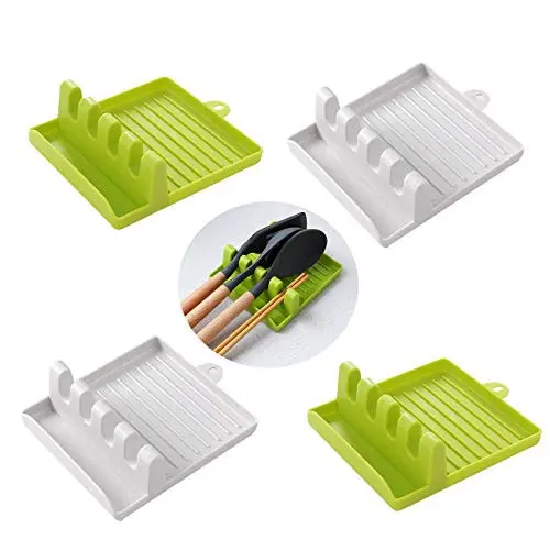 Set de soportes multiusos para utensilios de cocina en colores verde y blanco, con ranuras para organizar cucharas, espátulas y palillos sobre la encimera.