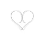 Par de ganchos de silicona blanca para auriculares inalámbricos, ordenados en forma de corazón con orificios de ajuste y letra R visible.