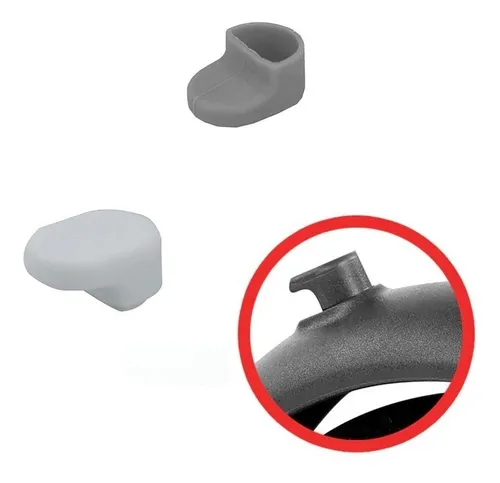 Dos cubiertas de silicona gris para gancho de guardabarros de patineta, junto a un acercamiento en círculo rojo que muestra la pieza instalada.