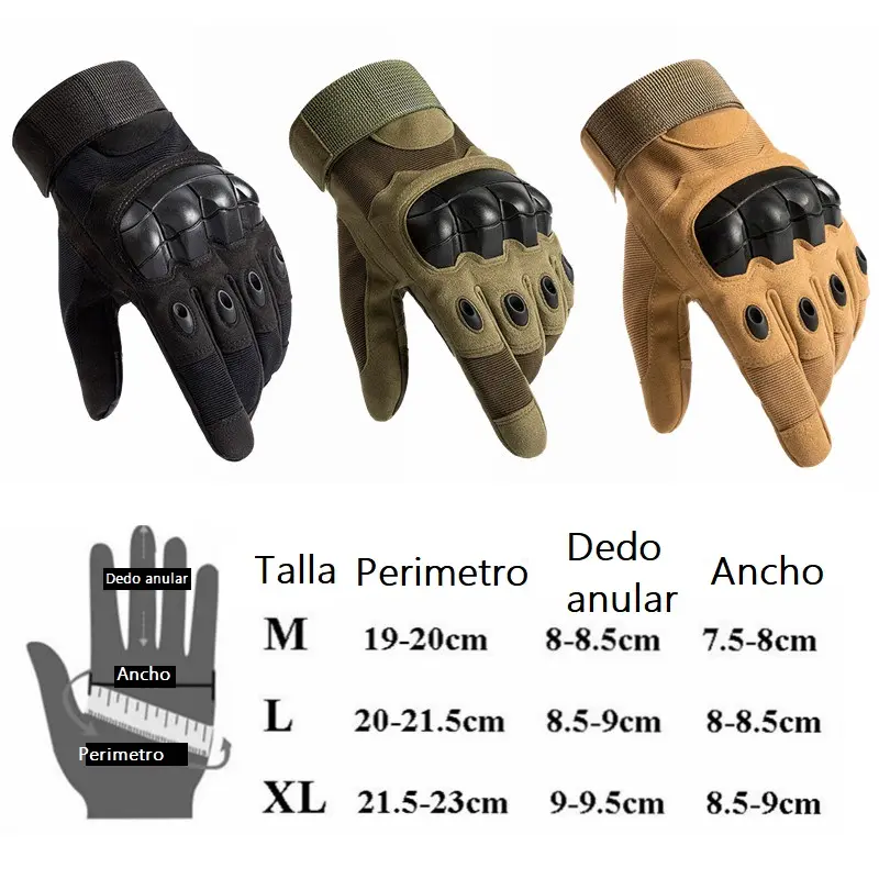 Guantes tácticos de alta resistencia en colores negro, verde y café con protección rígida en nudillos y tabla de tallas detallada de M a XL.