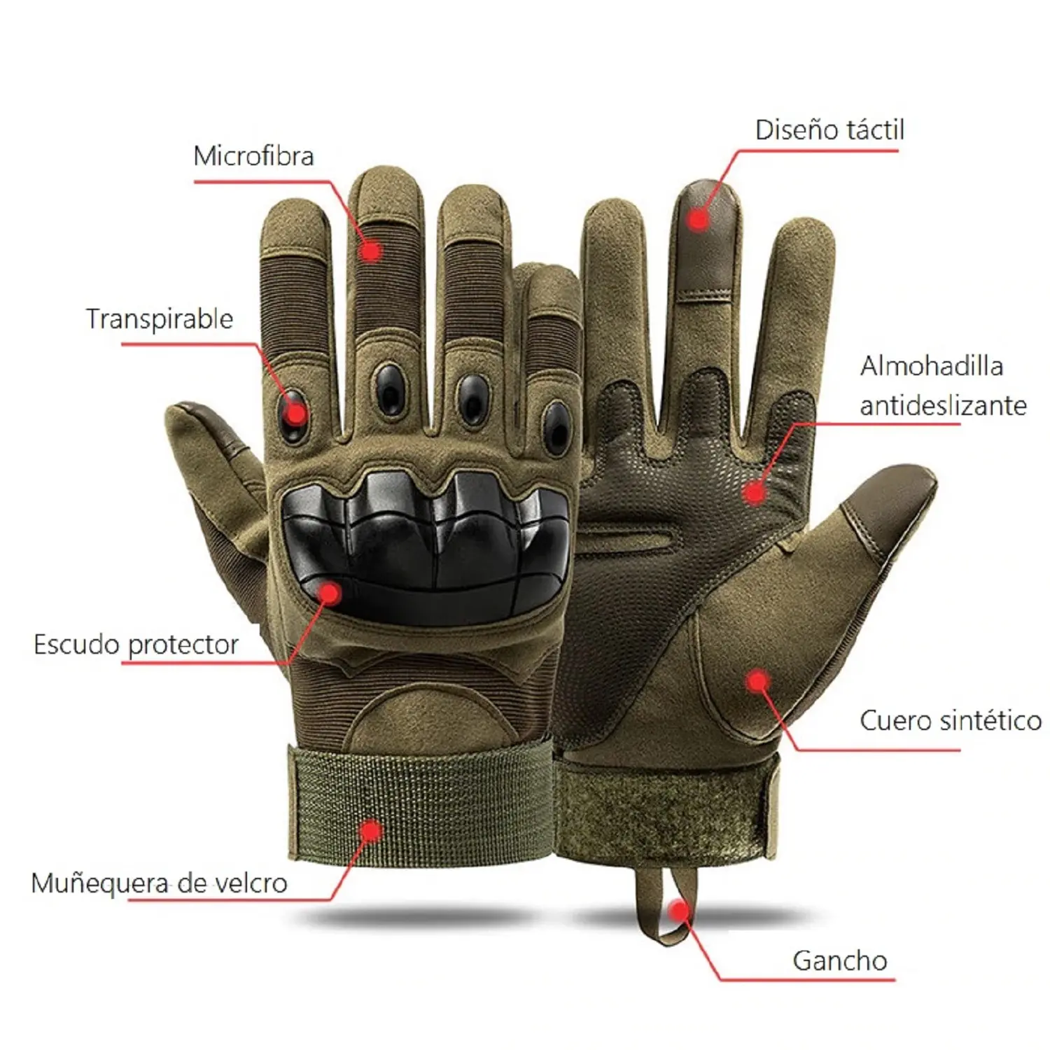 Guantes tácticos color verde oliva con protección rígida en nudillos, palma antideslizante, cierre de velcro y compatibilidad con pantallas táctiles.