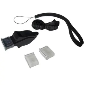 Silbato profesional negro con cordón de tela, dos protectores bucales translúcidos adicionales y correa de sujeción.
