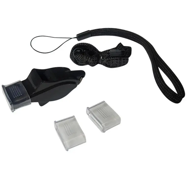 Silbato profesional negro con cordón de tela, dos protectores bucales translúcidos adicionales y correa de sujeción.