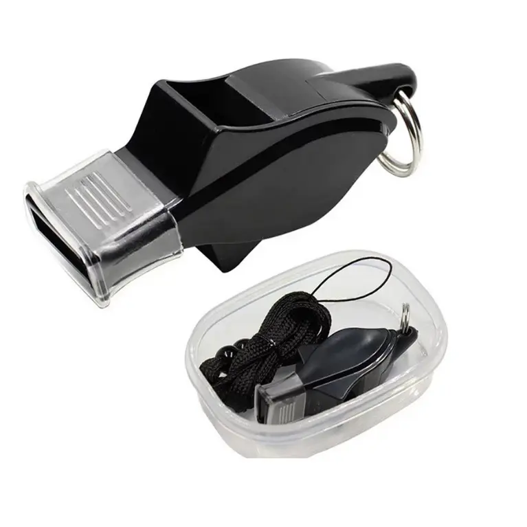 Silbato profesional negro con protector bucal transparente y estuche plástico con cordón negro.