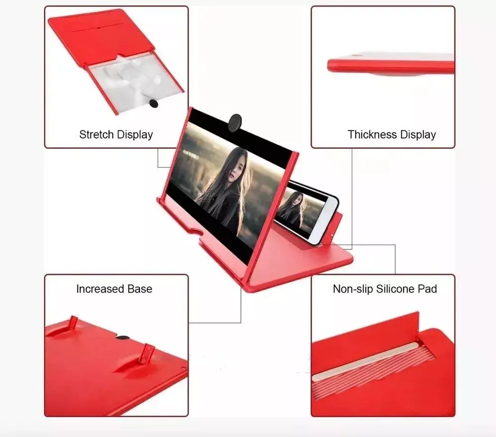 Amplificador de pantalla móvil plegable rojo con base ancha, diseño delgado, pantalla extensible y almohadilla de silicona antideslizante.