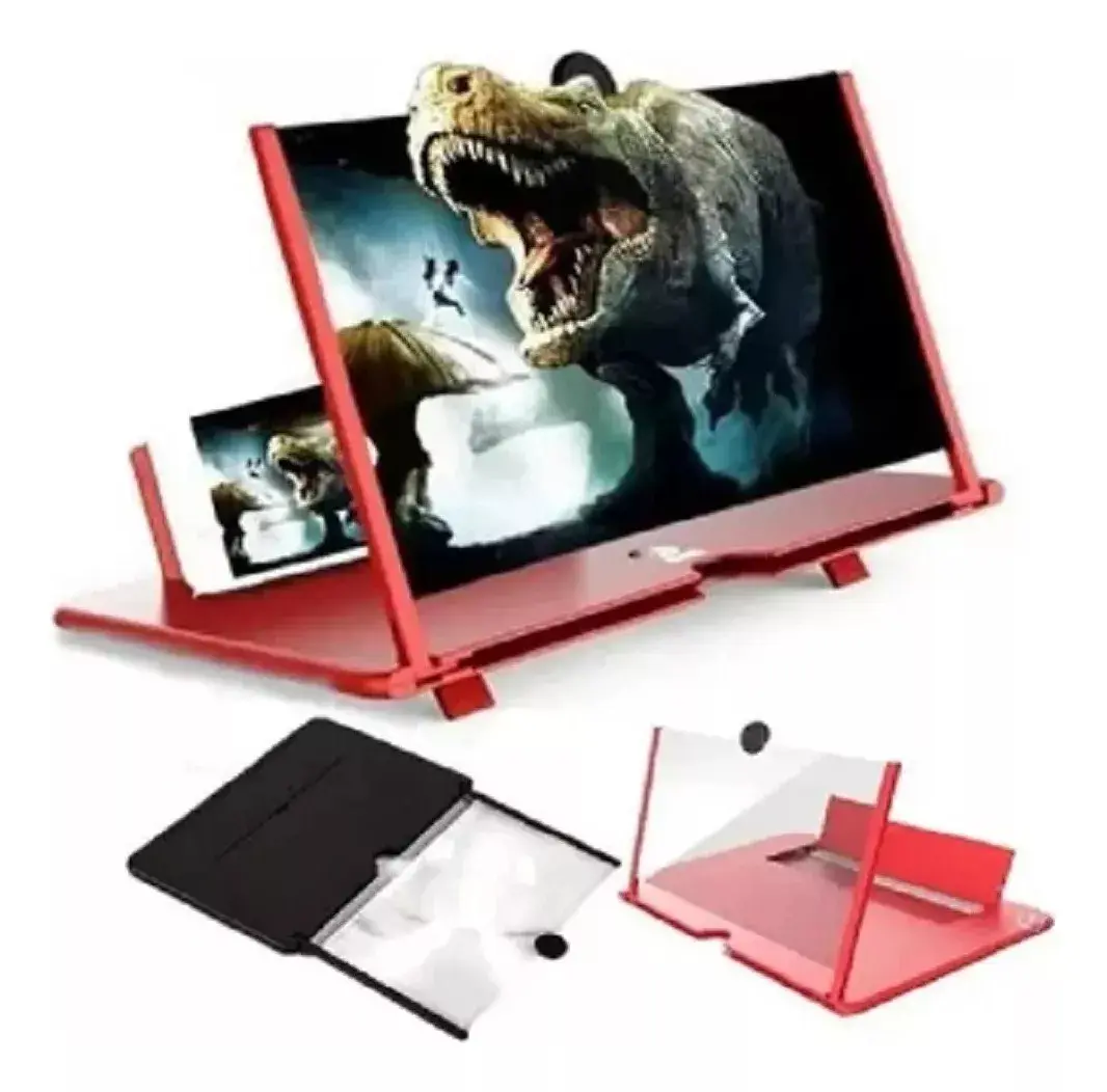 Set de amplificadores de pantalla plegables en rojo y negro. Muestra un modelo en uso con tablet y otros dos modelos en posición cerrada.