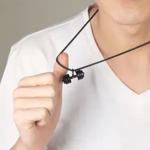 Set x2 Collar con colgante de mancuerna negra clásica de acero de titanio - Demuestra tu pasión por el fitness y el entrenamiento diario