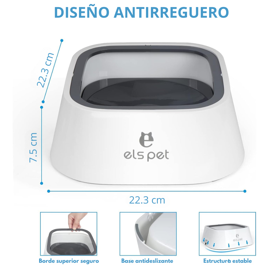 Bebedero antifugas blanco de 22,3 cm por 7,5 cm para perros, con base antideslizante y borde superior gris.