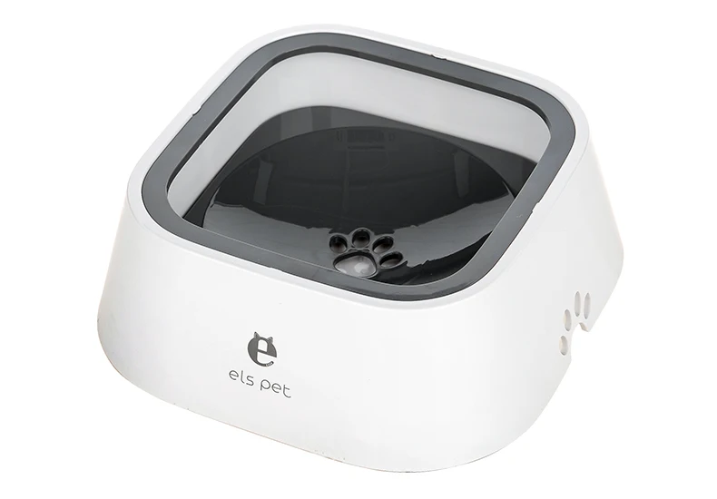 Bebedero antifugas para perros color blanco con borde gris oscuro, bandeja flotante negra y logotipo frontal els pet.