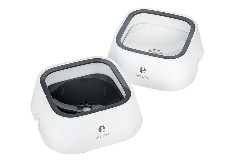 Dos dispensadores de agua Elspet para perros en color blanco con bordes grises, mostrando versiones con interior negro y blanco.