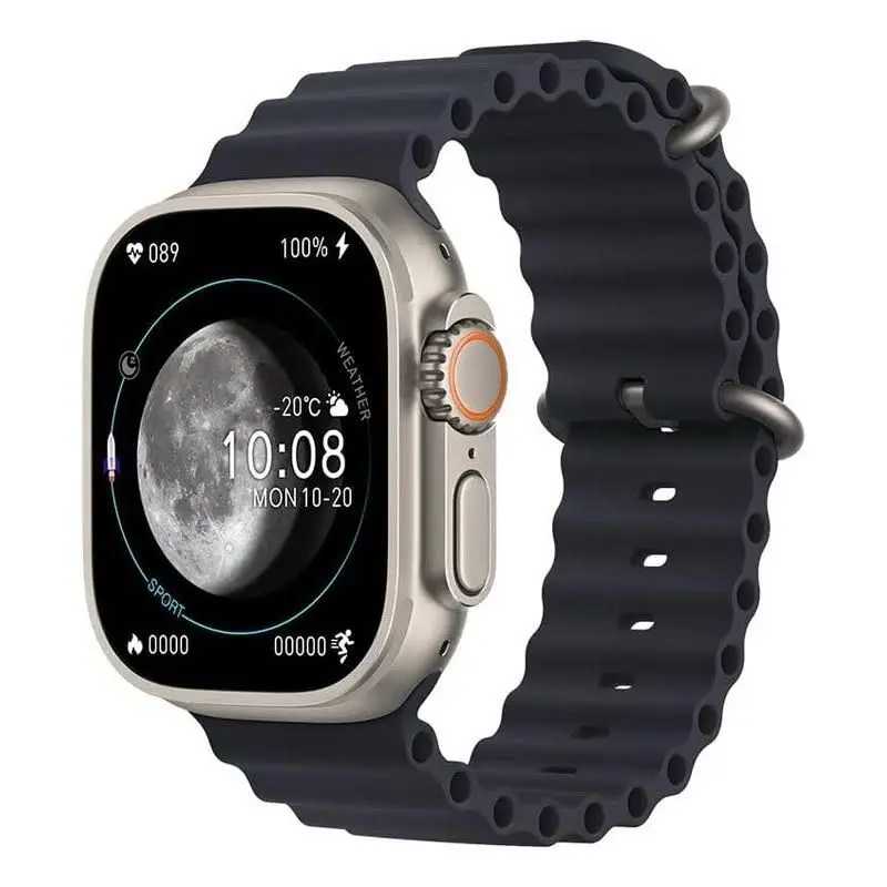 Reloj inteligente T900 Ultra con pantalla táctil de 2.09 pulgadas, caja plateada, fondo de luna y correa de silicona ondulada azul oscura.