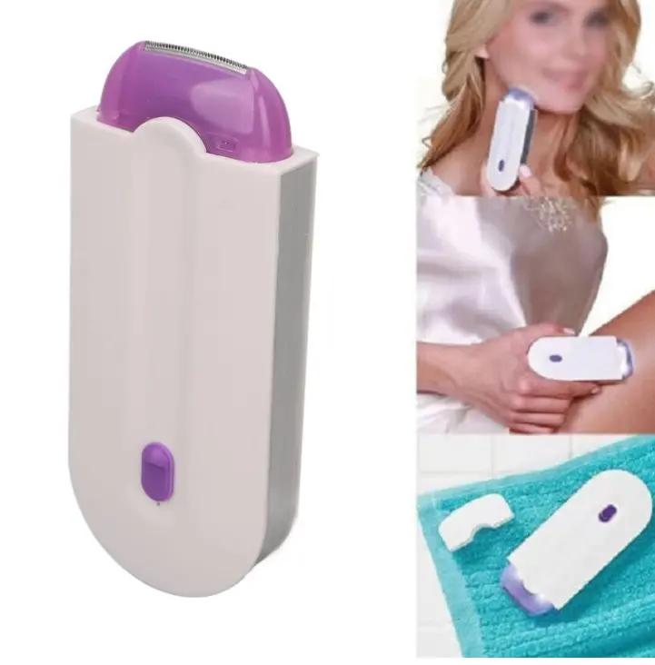 Depiladora eléctrica MARSKE blanca con detalles morados. Muestra su uso en rostro y piernas, junto a un accesorio sobre una toalla azul.