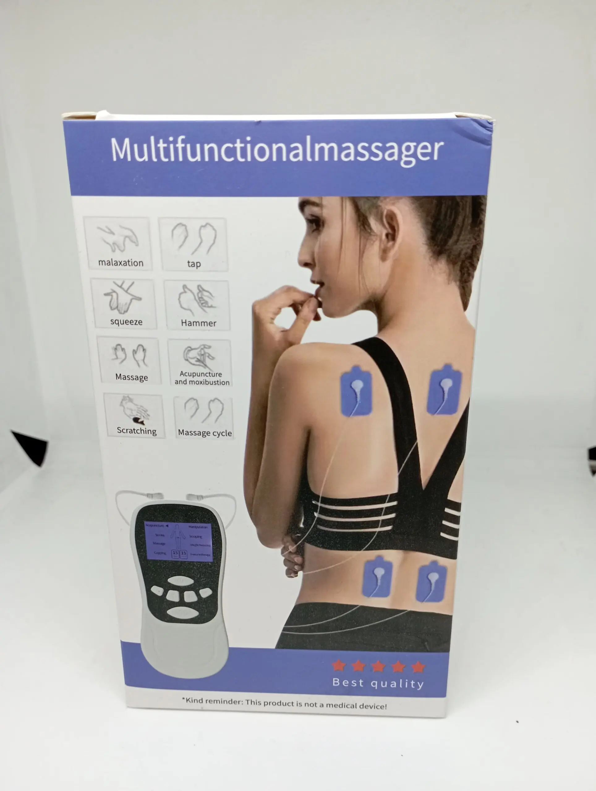 Caja de masajeador TENS digital con dispositivo negro y gris, cuatro parches azules para la espalda y diagramas de sus funciones de masaje.