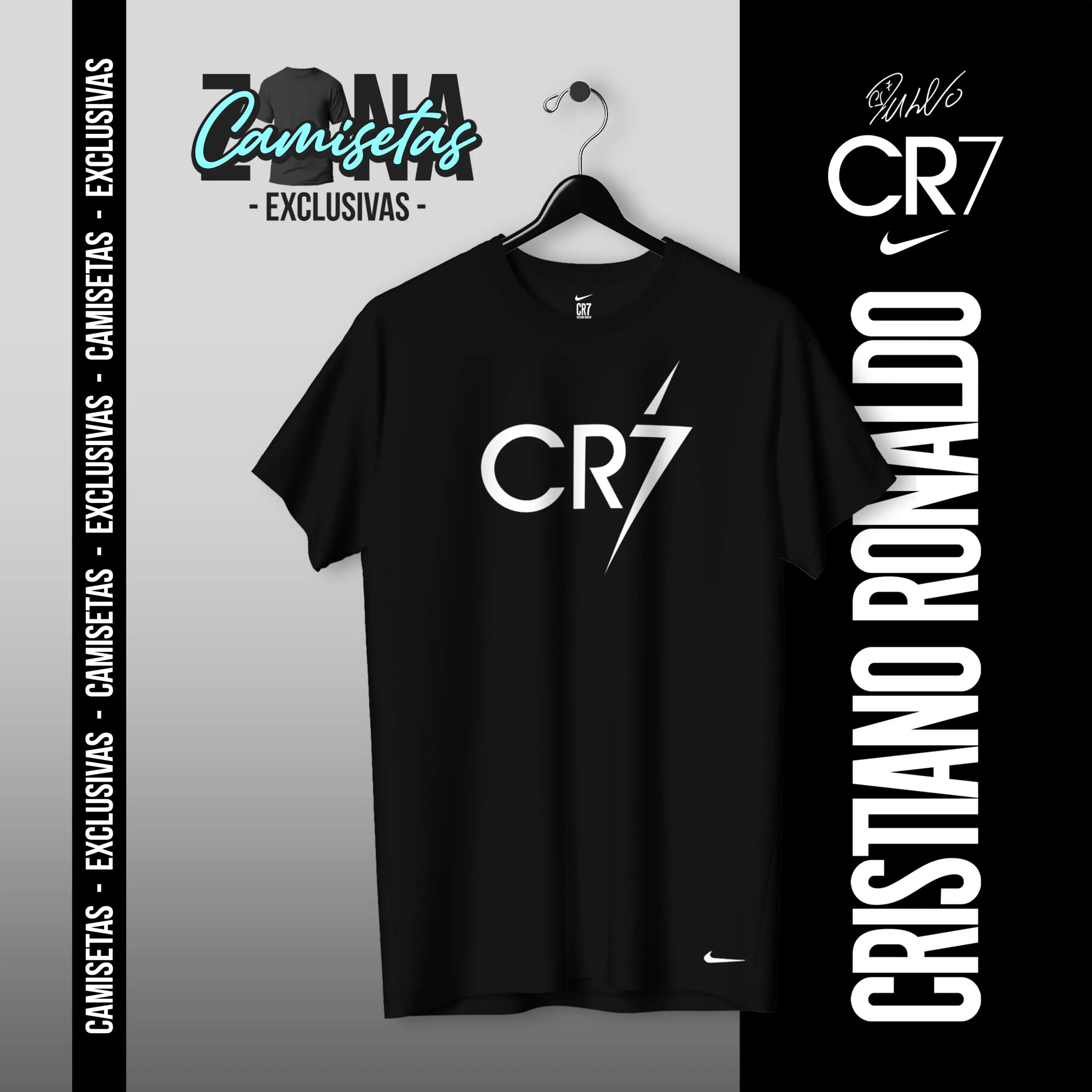 Camiseta negra de algodón con el logo CR7 en blanco sobre el pecho, presentada en gancho sobre fondo gris y negro con marca deportiva y nombre del jugador.