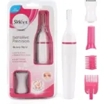 Recortadora eléctrica inalámbrica blanca y rosa Sweet con accesorios y cabezales intercambiables para vello facial y corporal junto a su empaque.