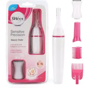 Recortadora eléctrica inalámbrica blanca y rosa Sweet con accesorios y cabezales intercambiables para vello facial y corporal junto a su empaque.