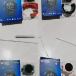 Cuatro relojes inteligentes deportivos con monitor de actividad y correa intercambiable en colores negro, rojo, verde militar y rosado.