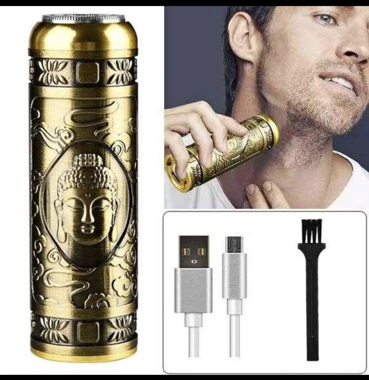 Afeitadora eléctrica dorada con grabado de Buda, hombre usándola en el cuello, cable USB y cepillo limpiador incluidos.