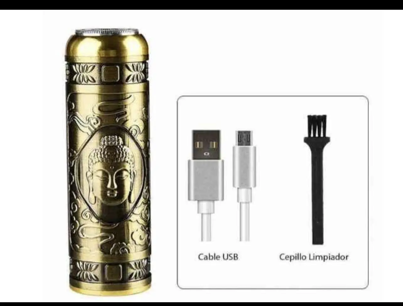 Afeitadora eléctrica portátil dorada con diseño grabado de Buda, acompañada de cable USB y cepillo limpiador sobre fondo blanco.