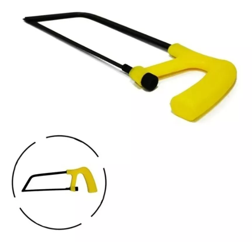 Sierra manual pequeña con marco negro y mango ergonómico amarillo, incluye vista de perfil en miniatura encerrada en un círculo.