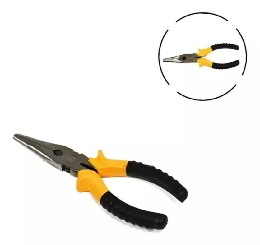 Alicates de punta larga con mangos ergonómicos amarillos y negros, ideales para reparaciones caseras de precisión.