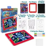Pizarra digital roja con luz LED, incluye 3 marcadores neón, 15 plantillas de dibujo, juegos y aprendizaje, manual y paño de limpieza para niños.