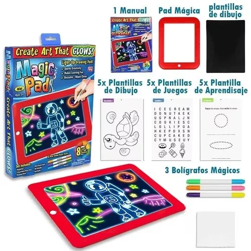 Pizarra digital roja con luz LED, incluye 3 marcadores neón, 15 plantillas de dibujo, juegos y aprendizaje, manual y paño de limpieza para niños.