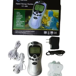 Máquina de terapia digital ST-688 con caja, cables de electrodos, cargador, cable USB y par de parches Gold Hand para alivio de dolor muscular en casa.