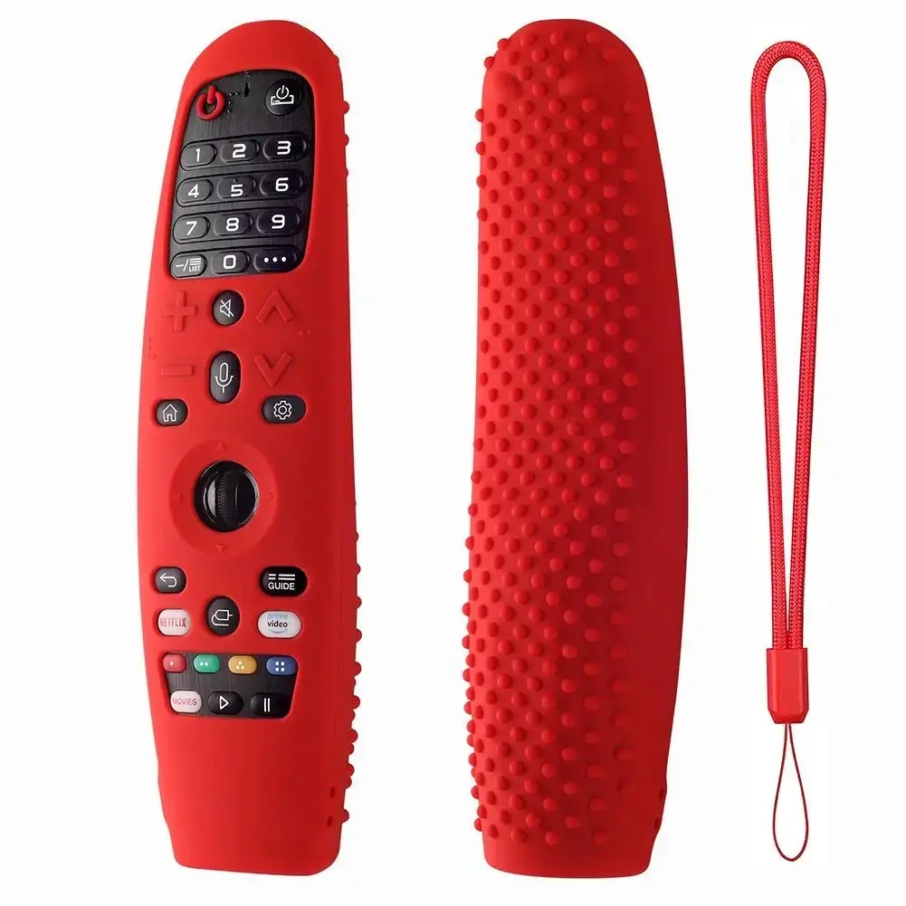 Funda de silicona roja con textura antideslizante para control LG Magic, incluye cordón de sujeción a juego.