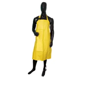 Maniquí negro con delantal impermeable amarillo de PVC, diseñado para industria y limpieza.