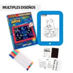 Pizarra digital educativa azul con caja, seis marcadores de colores, guías de dibujo, laberintos y tarjetas de letras para aprendizaje creativo infantil.