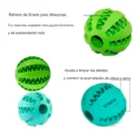 Pelota de caucho verde con ranuras para snacks, diseñada para limpiar los dientes, prevenir el sarro y entretener a perros y gatos.