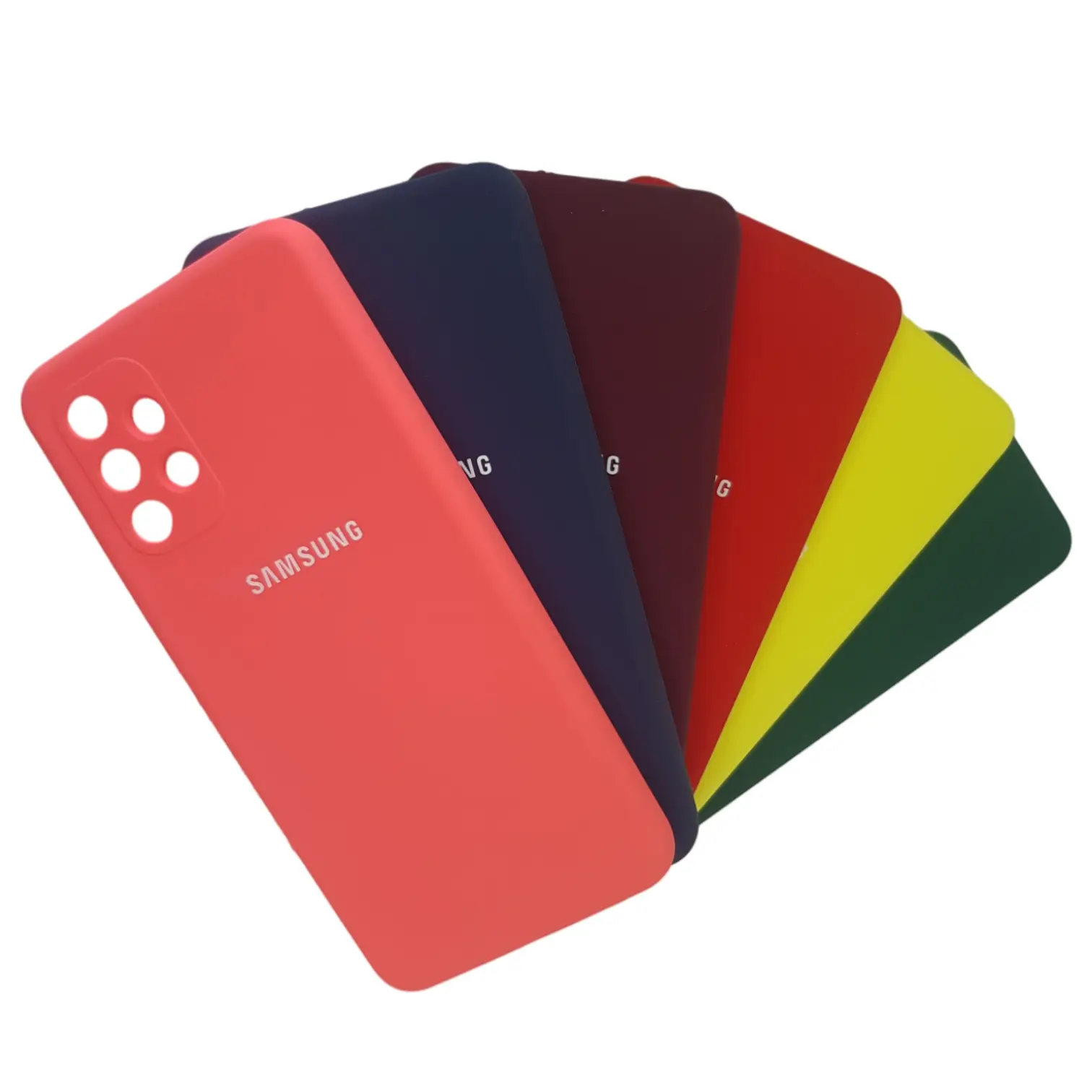 Fundas de silicona para Samsung A32 en colores coral, azul, vino, rojo, amarillo y verde, dispuestas en abanico con acabado mate.