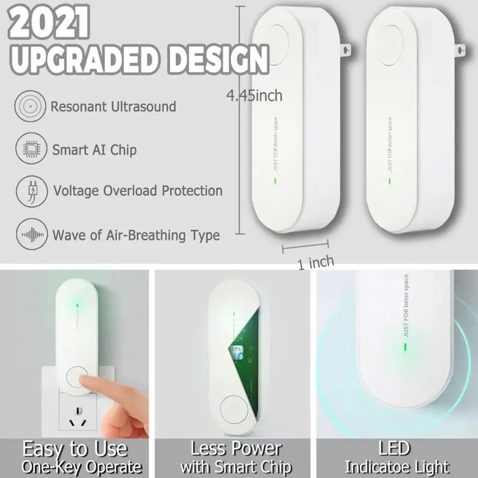 Dos repelentes ultrasónicos blancos, 4.45x1 pulgada, con diseño ovalado, chip inteligente y luz LED verde indicadora enchufados a la pared.