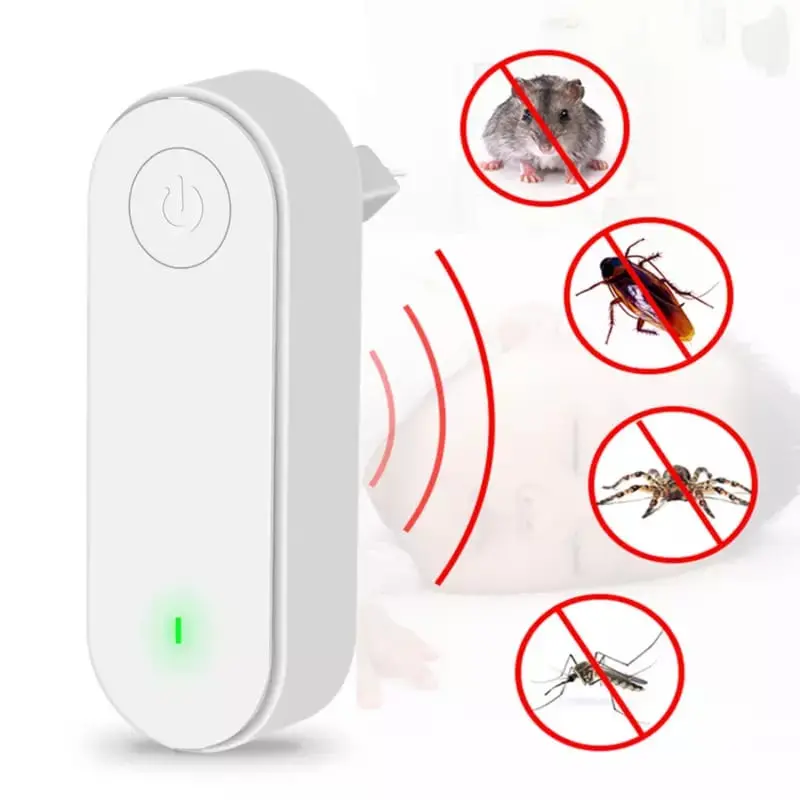 Mini repelente de plagas ultrasónico blanco para enchufar, con botón de encendido superior y luz LED verde indicadora en la parte inferior.
