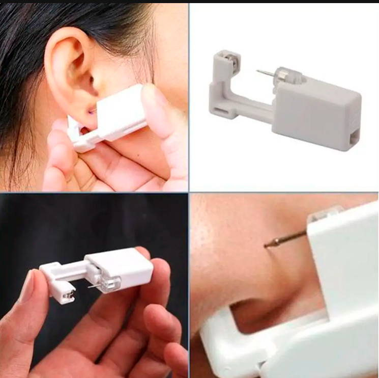 Set de perforadoras blancas de uso casero para aretes y piercings con mecanismo de resorte, mostrando su aplicación en oreja y nariz.