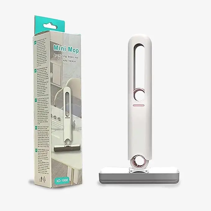 Mini fregona portátil blanca con mango ergonómico y cabezal gris, junto a su caja de empaque con detalles turquesa y modelo XD-1008.