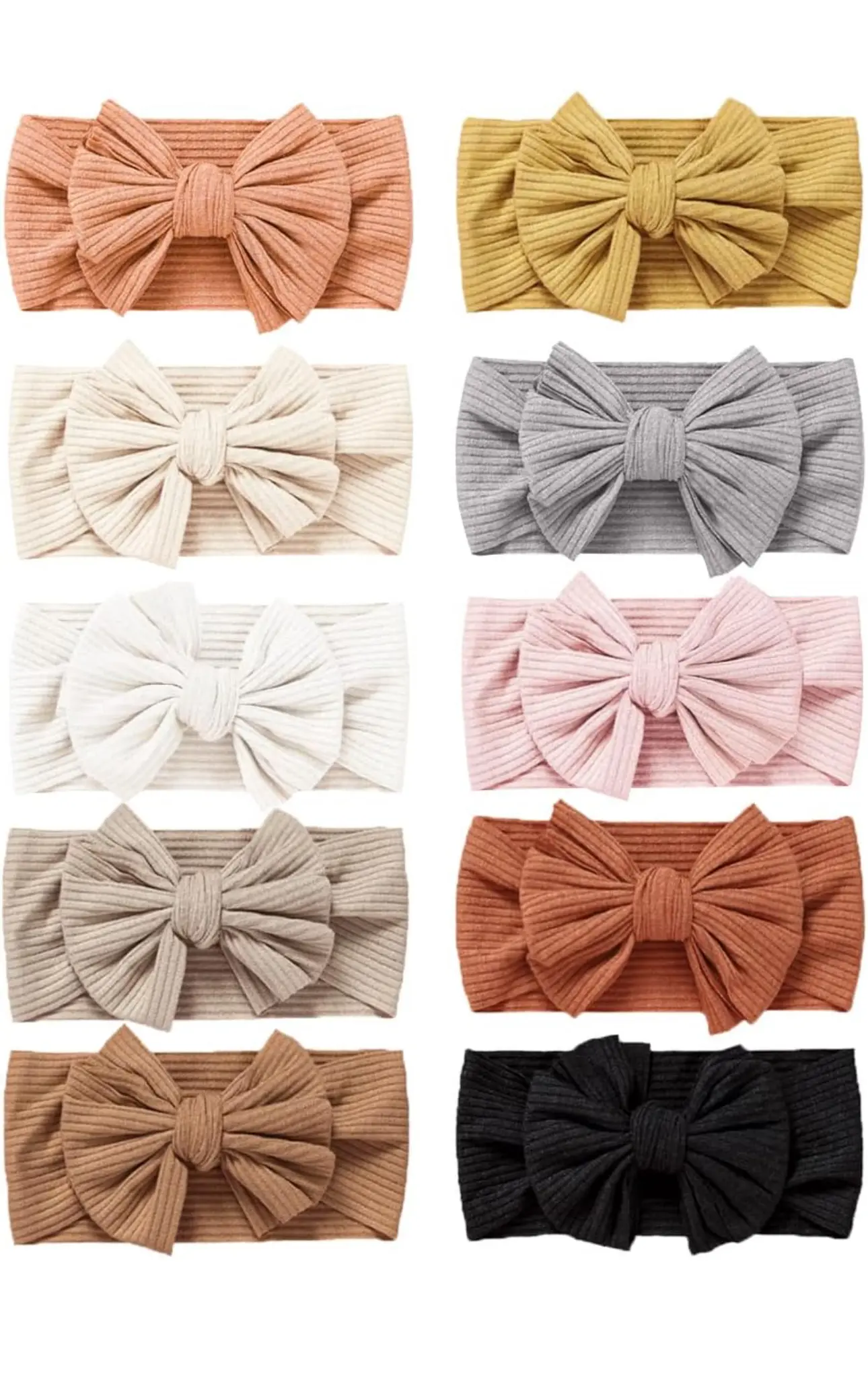 Set de diez diademas elásticas para bebé con lazo suave acanalado en colores variados organizadas en dos columnas.