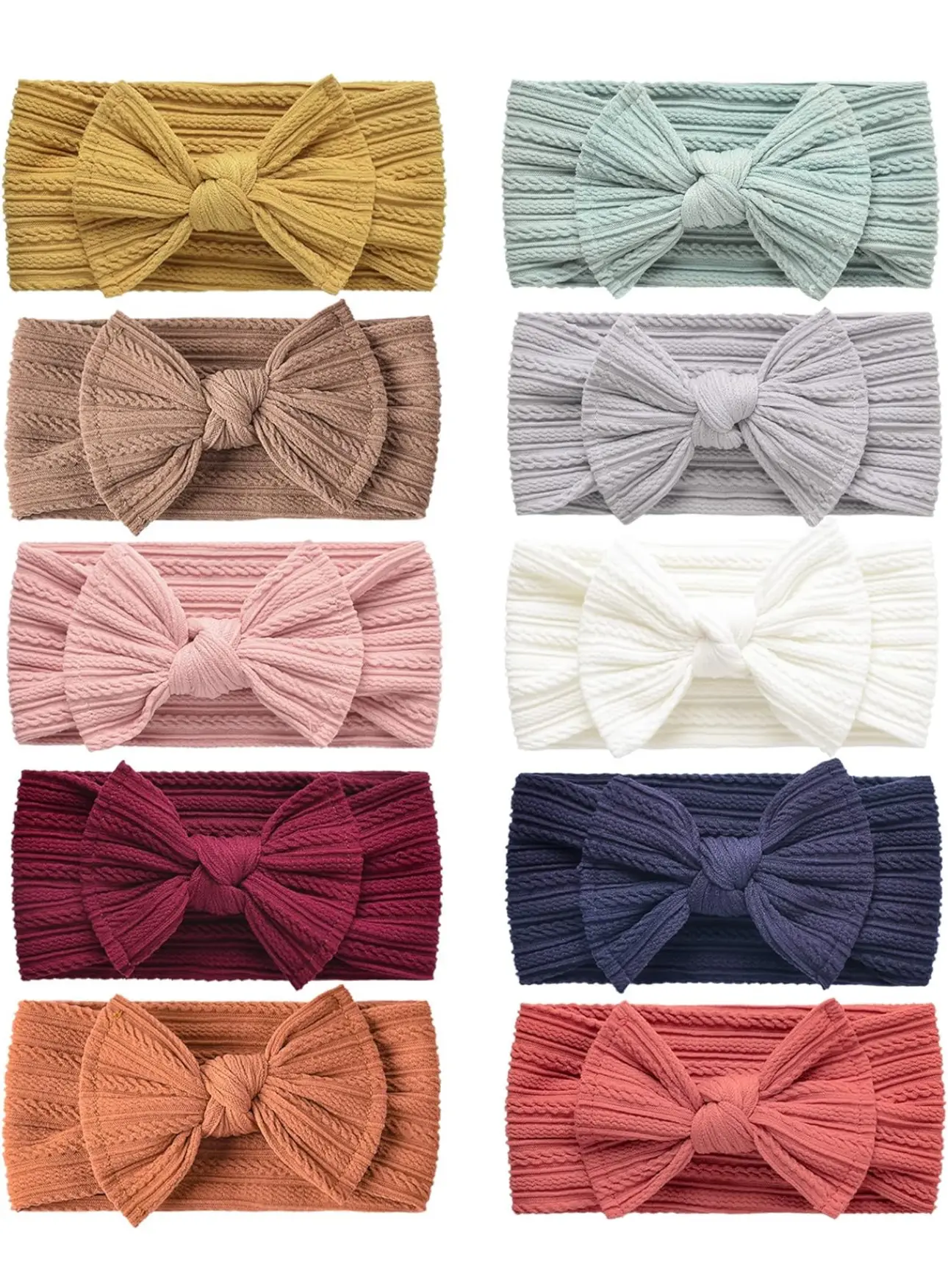 Set x10 diademas elásticas para bebé con lazo suave de colores surtidos en tejido acanalado.