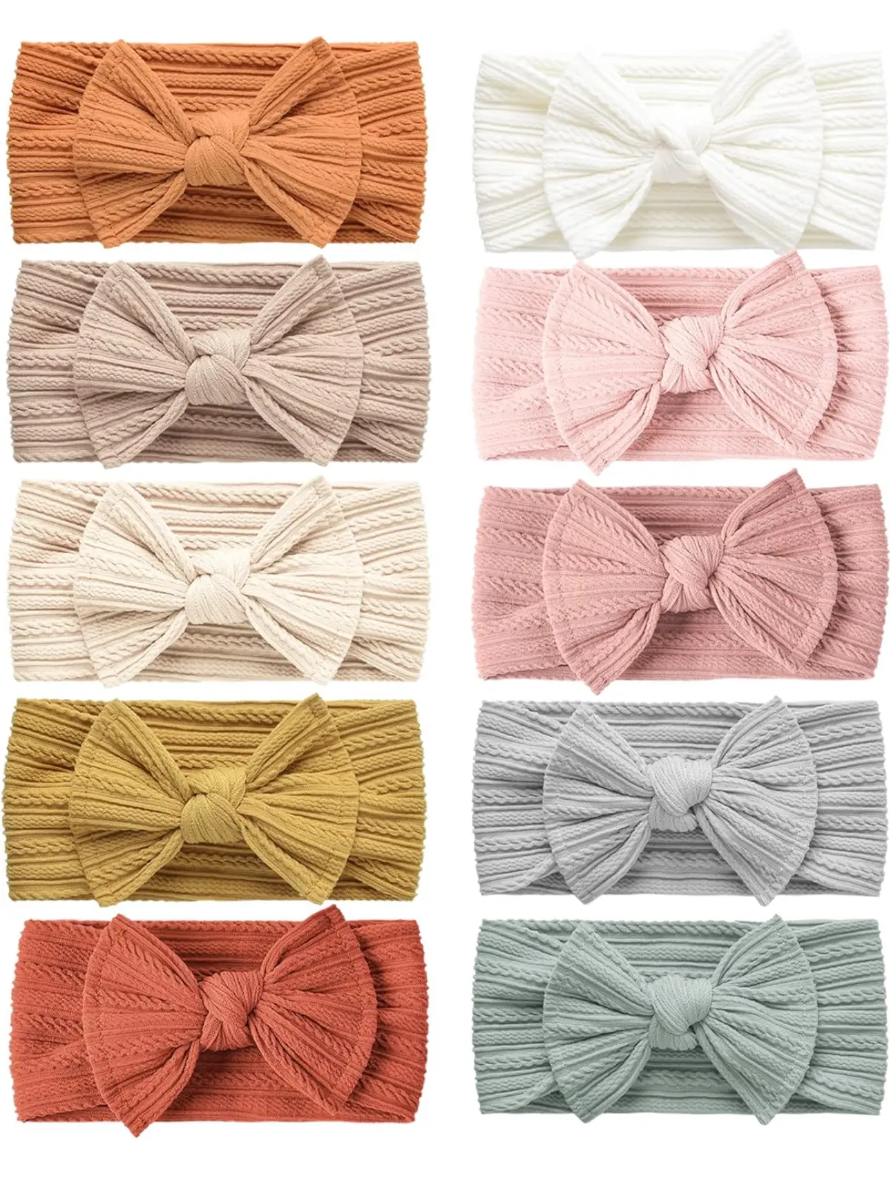 Set de 10 diademas elásticas de nailon para bebé con lazo suave acanalado en variados colores tierra y pasteles.