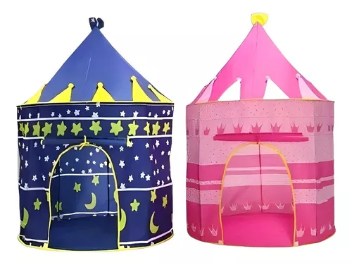 Dos carpas castillo infantiles portátiles; una azul oscura con estrellas y lunas, y otra rosa con coronas y rayas.