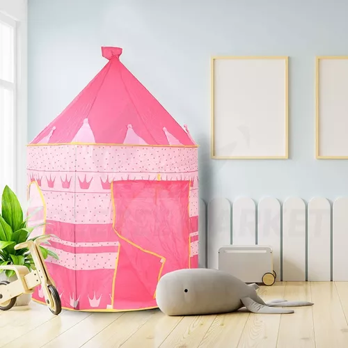 Carpa castillo infantil portátil rosa con coronas y estrellas, con puerta enrollable, ideal para crear un rincón de juego en la habitación.