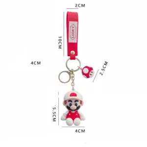 Llavero de Mario Bros con figura de 5.5 cm, dije de hongo de 2.5 cm y correa roja de 10 cm con la palabra Lucky, ideal para organizar llaves y decorar.
