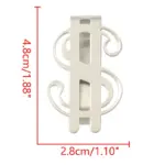 Clip sujeta billetes de acero inoxidable con diseño de signo de dólar plateado, de 4.8 cm de alto por 2.8 cm de ancho.