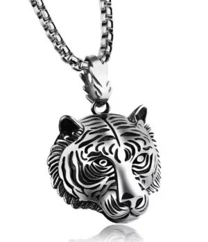 Set x3 Collar de acero inoxidable con dije de cabeza de tigre para hombre - Eleva tu estilo urbano con un diseño audaz y duradero